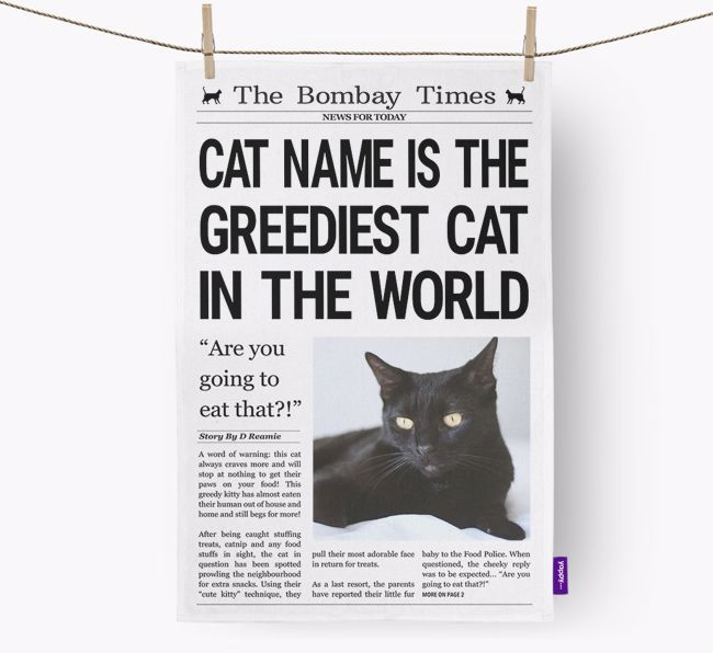 The {breedShortName} Times 'Greediest Cat In The World' Personalised Tea Towel